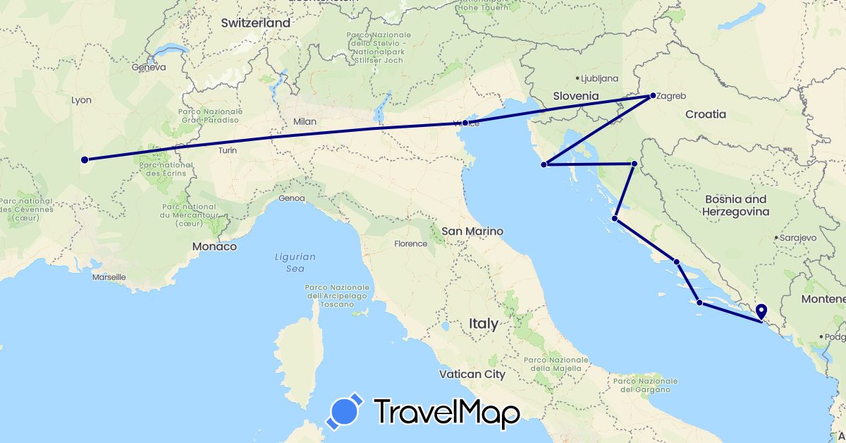 TravelMap itinerary: driving in France, Croatia, Italy (Europe)
